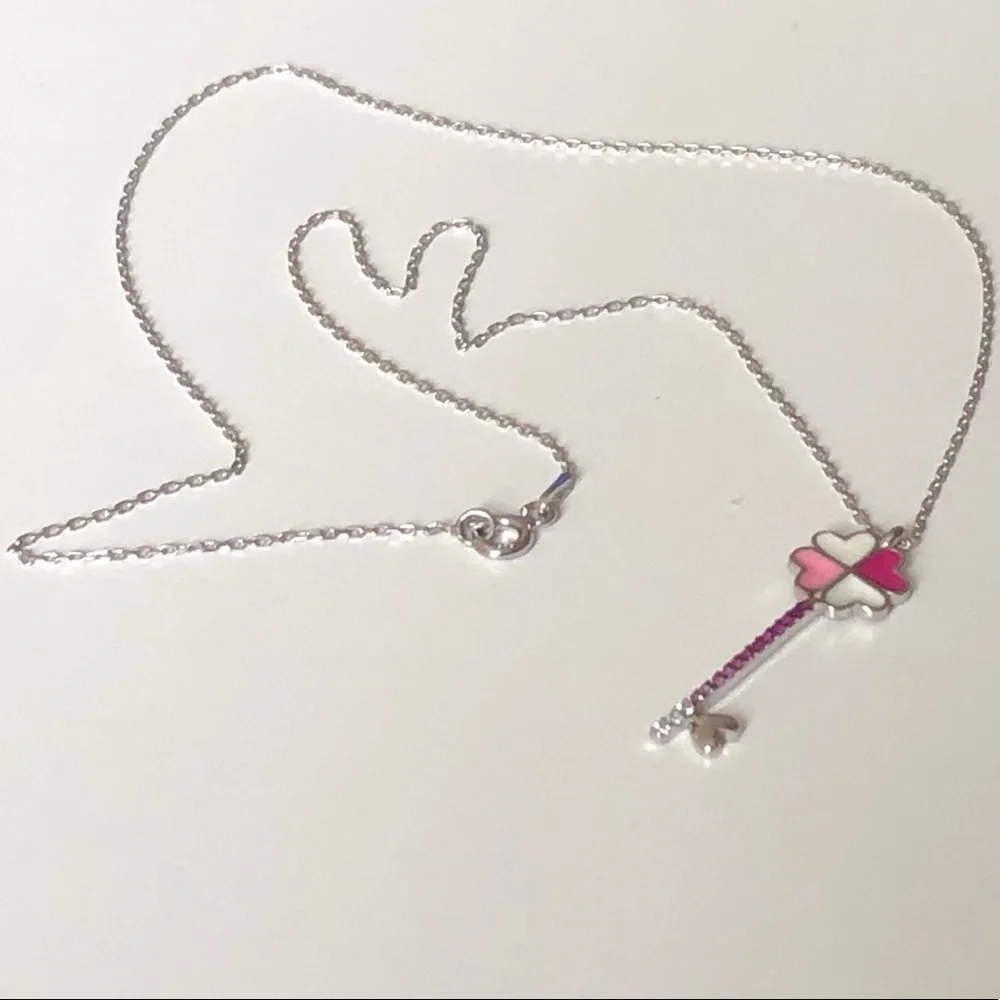 925 Silver pink heart clover key cz necklace